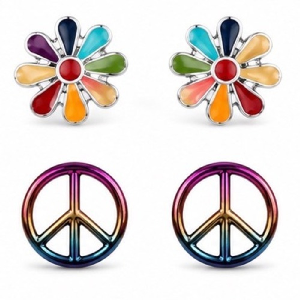 Rainbow Daisy and Peace Sign Stud Earrings Set 2 Pairs Multicolor Retro Boho